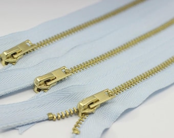 5 Pcs Sky Blue Metal zippers with brass teeth, 18-100cm (7-40inches) zipper, Jean Zipper, dress zipper, lightweight zipper, teeth zip, MTZF