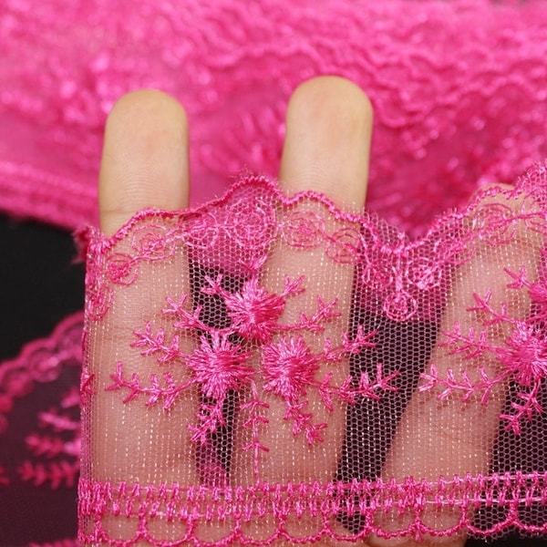 Bordure en dentelle d'organza fuchsia 60 mm, dentelle brodée, bordure en dentelle de 2,35 pouces, jarretière serre-tête, bordure en dentelle de tulle floral, pour les vêtements, TRM60