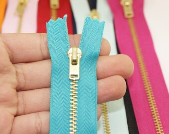 5 Pcs Turquoise Metal zippers with gold brass teeth, 18-100cm (7-40inc) zipper, Jean Zipper, dress zipper, Jacket zipper, teeth zipper, MTZF