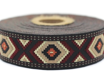 25 mm Brown / Claret red Jacquard trim (0.98 inches), vintage Ribbon,  Decorative Craft Ribbon, Sewing trim, Jacquard ribbon, 25952