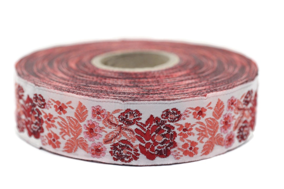 22 Mm Red Floral Embroidered Ribbon 0.86 Inches Vintage - Etsy