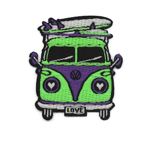 May include: Green and purple embroidered patch of a vintage Volkswagen van with surfboards on the roof. The van has white hearts on the front and the word "LOVE" on the number plate.