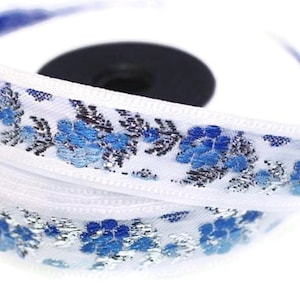 26 mm Weiß Vorderseite Blau Silber Floral Jacquard Band (1,02 Zoll, Jacquard Zierband, Balkan Zierband, Nähborte, Kragenzierband, 26011