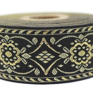 35 mm Black/yellow jacquard ribbon (1.37 inches), Vintage ribbon, geometric ribbon, dog collar supplies, ribbon trim, 35948