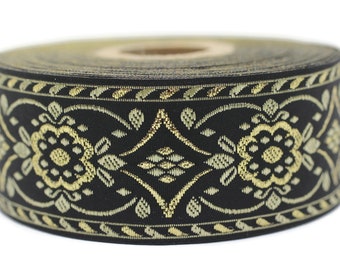 35 mm Black/yellow jacquard ribbon (1.37 inches), Vintage ribbon, geometric ribbon, dog collar supplies, ribbon trim, 35948