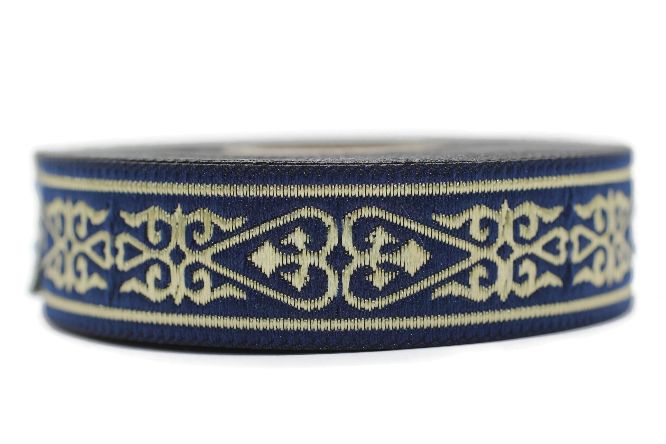22 mm Blue Gold Celtic Jacquard Ribbon (0.86 inches), Celtic Tapestry, Heart embroidered Jacquard trim, Upholstery trim 22068