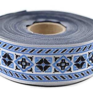 28 mm Blue White Embroidered Ribbon (1.10 inch), Jacquard ribbons, jacquard trims, wide trims, craft supplies, vintage trim, trimming, 28117