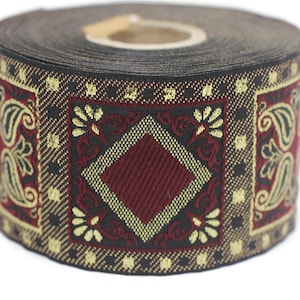 50 mm Red/Golden Geometric Jacquard trim (1.96 inches), vintage Ribbon, Decorative Craft Ribbon, Sewing, Jacquard ribbon, Trim, 50587