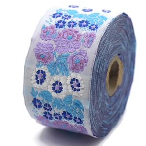 50 mm Blue Floral Embroidered ribbon (1.96 inches),  Vintage ribbon, Floral ribbon, Sewing trim, Jacquard trim, 50097