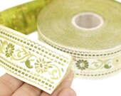 35 mm White Green Floral Jacquard ribbon (1.37 inches, Jacquard trim, Sewing Trim, Collar Trim, Ribbon by the yards, Vintage ribbon, 35095