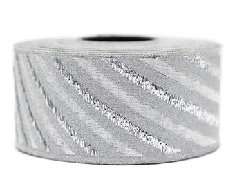 35 mm Silver/White Jacquard ribbons 1.37 inches, Wavy Jacquard trim, Sewing trim, Jacquard ribbons, woven ribbons for dog collars, 35340