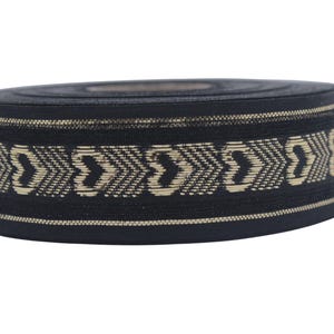 1.02&quot; Black Gold Heart Jacquard Ribbon Trim (26 mm), Woven Border, Upholstery Fabric, Webbing Trim Costume Design 26332