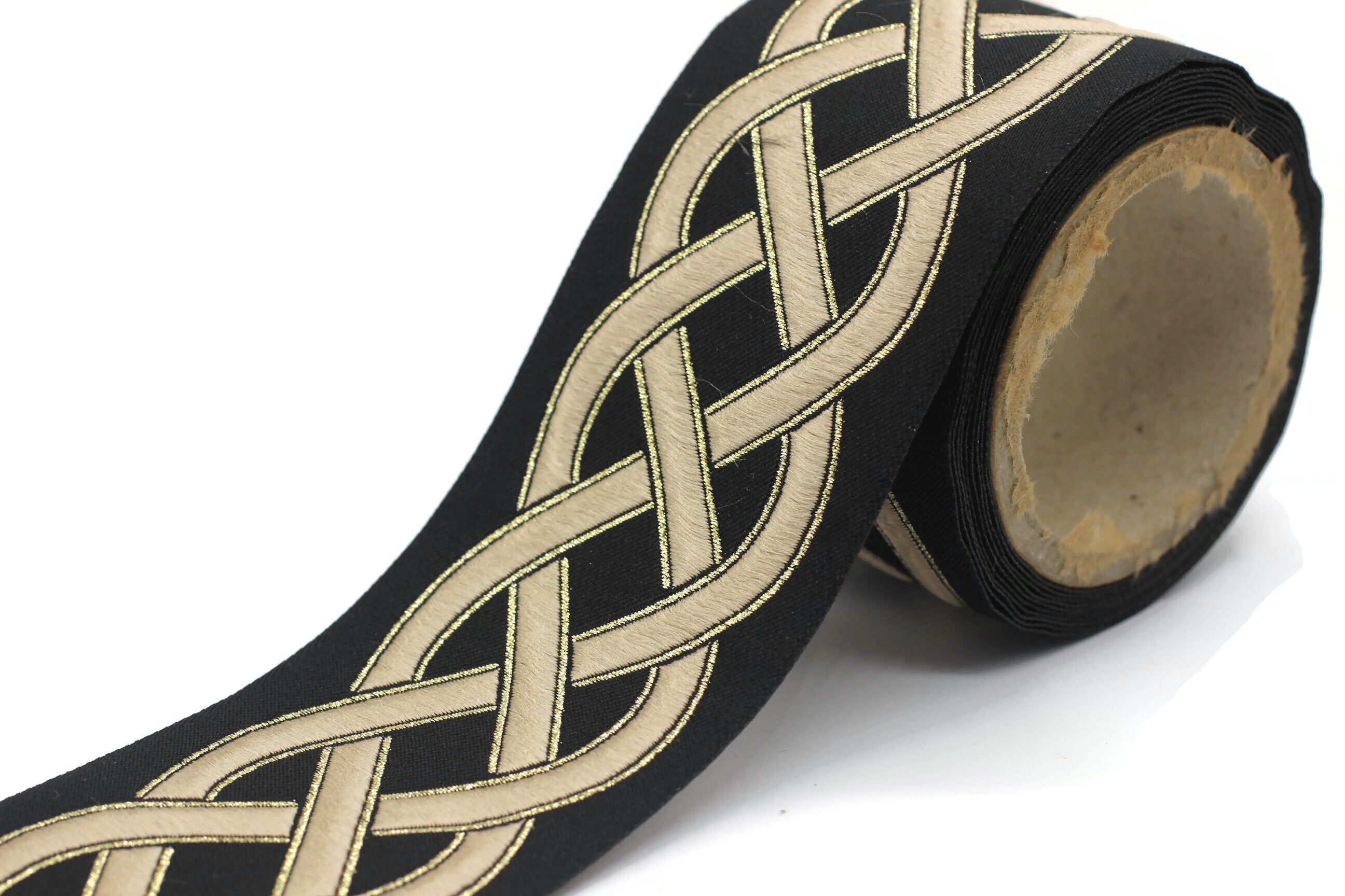 68 Mm Black-beige Celtic Knot Jacquard Ribbon for Drapery