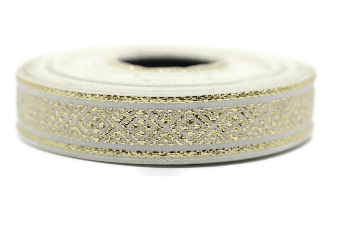 15 Mm White&gold Geometric Embroidered Jacquard Ribbons(0.59 Inches ...