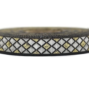 12 mm Gold/Silver Triangle Motive Jacquard border (0.47 inches), jacquard ribbon,  silvery ribbon, french ribbon, Jacquard trim, 12251