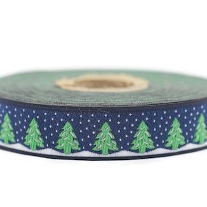 Nastri jacquard natalizi blu da 16 mm, 0,62 pollici, rifiniture ricamate a forma di albero di pino, rifiniture natalizie, rifiniture jacquard natalizie, 16482