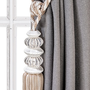 Luxury Curtain Tassel Tiebacks, Brown & White Drapery Holdbacks, Rope Tiebacks for Window Treatments, Tassel Length 15&quot; , Spread 35&quot; (90cm)