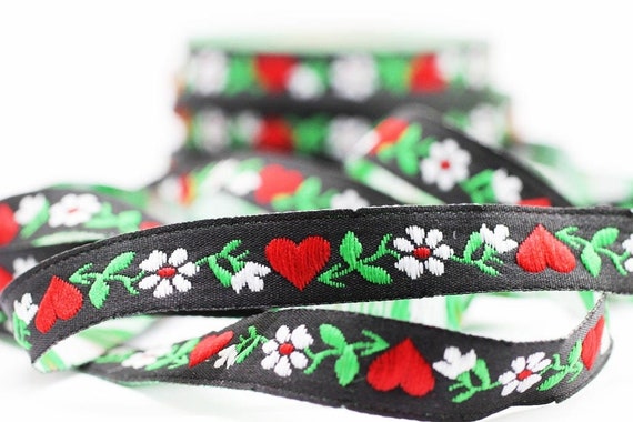 12 mm Black&White Heart Jacquard ribbons (0.47 inches), decorative trim, Floral Ribbon, Sewing trim - woven trim - embroidered ribbon 12980