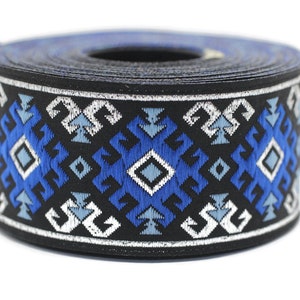 35 mm Snowy metallic Blue/Silver jacquard ribbons 1.37 inches, Snowy embroidered trim, woven trim, woven jacquards, Jacquard trim, 35953