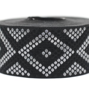 35 mm Black/Silver Metallic Ribbon, 1.37 inch, chevron trim, jacquard trim, craft supplies, vintage trim, jacquard ribbon trim, 35305