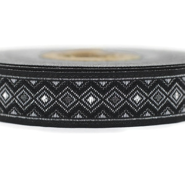 15 mm Black&Silver Triangle Motive Jacquard ribbon, (0.59 inches), jacquard ribbon, triangle ribbon, french ribbon, Jacquard trim, 15810