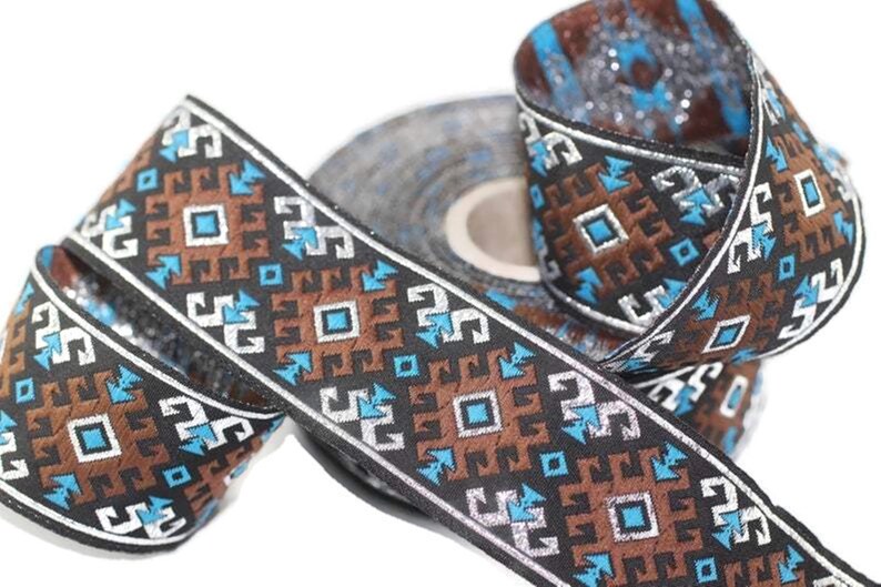 Trim 0.98 inches Sewing Decorative Craft Ribbon 25953 vintage Ribbon 25 mm BrownLight Blue Snowy Jacquard trim Jacquard ribbon