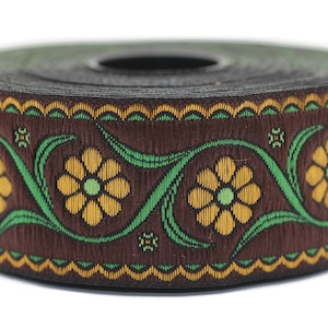 35 mm Brązowa wstążka z haftem kwiatowym (1,37 cala), Vintage Jacquard, Wstążka kwiatowa, Ozdoba kwiatowa, tkany żakard, wstążki żakardowe, 35938