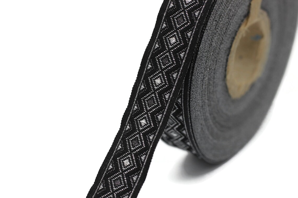 Triangle Shape Ribbons 15 Mm Black&silver Triangle Motive Jacquard Ribbon, (0.59 Inches ...
