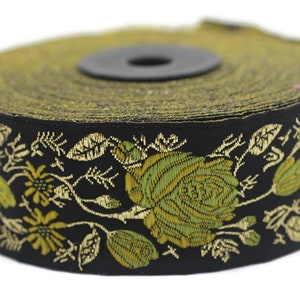35 mm Yellow / Black Floral Jacquard trim (1.37 inches), Rose emboried Ribbon, Decorative Craft Ribbon, Jacquard Ribbon Trim, 35089