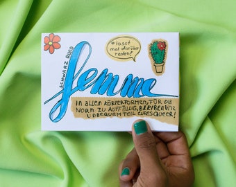 Femme Colorful Zine with Texts Mini Poster and 1 Cactus!!! Oueer Femme