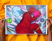 Hug a Planet-Black Fat in Space A3 Color Black Femme Curly Feminism Queer Universe Empowerment Art