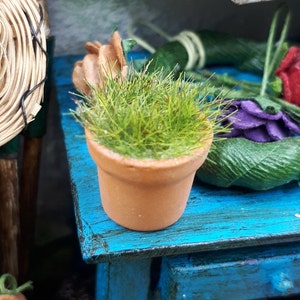 Puede incluir: Una pequeña maceta de terracota con hierba verde creciendo dentro. La maceta está sentada en una mesa azul con una corona de flores y hojas.