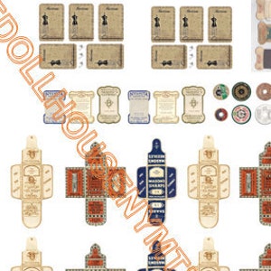 Puede incluir: Un conjunto de suministros de costura en miniatura vintage para casa de muñecas, que incluye carretes de hilo, botones, agujas y recortes de tela. El conjunto también incluye varias cajas pequeñas con etiquetas, como "Sewing Sharp" y "Home Patterns".