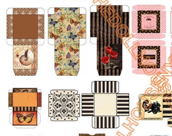 May include: Printable paper craft templates for creating miniature boxes. The templates feature various designs, including floral, geometric, and striped patterns. The boxes are perfect for adding a touch of whimsy to dollhouses or miniature scenes.