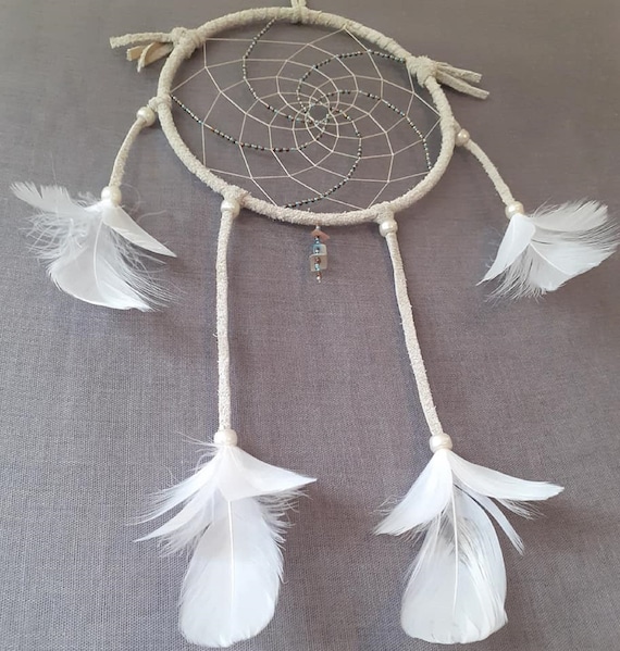 Shell-White Suede Dreamcatcher w Bronze and Blue Beads & Blue Shell-Charm with Circle-Web and White Classic-Feathers style