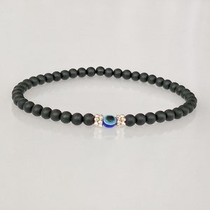 4mm Mens Bracelet BLACK Onyx Evil Eye Men Bracelete Onyx Wisdom Onyx With Knot Charm  Bracelet Energy Bracelet Yoga Mala Bracelet.