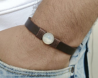 Mens Bracelet Mens Celtic Bracelet Gemstone Moonstone Leather Bracelet Mens Leather Bracelet Celtic Knot Bracelet Gift for him Mens Bracelet