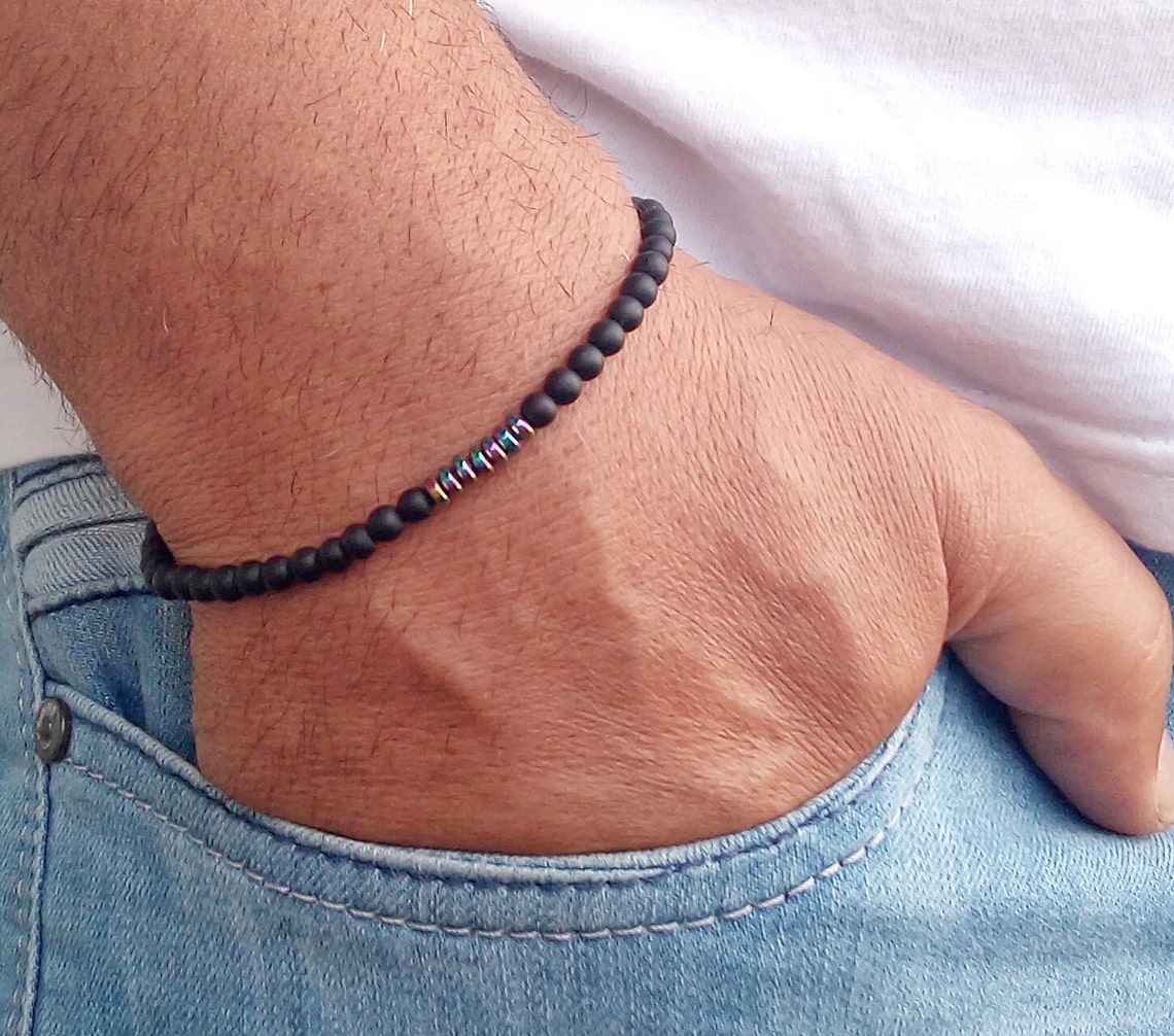 Mens Bracelet Black Onyx Matte Ring Charm Beaded Men Bracelet Etsy