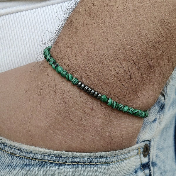 Bracciale da uomo MALACHITE Bracciale da uomo Bracciale Perle Homme Perlina di pietra Mens Ematite Saggezza Malachite Bracciale energetico Yoga Malachite 4mm