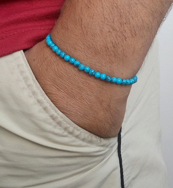 Mens Bracelet Blue Turquoise Beaded Men Bracelet Simple Men