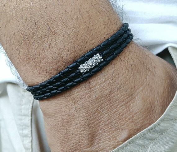 Men's Sterling Silver Leather Celtic Knot Bracelet at IrishShop.com |  IJSV50041