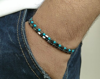 Mens Bracelet TURQUOISE Hematite Men Bracelete Bracelet Perle Homme Beaded Men Bracelet Mens Beaded Bracelet Mens Gift Turquoise 3mm