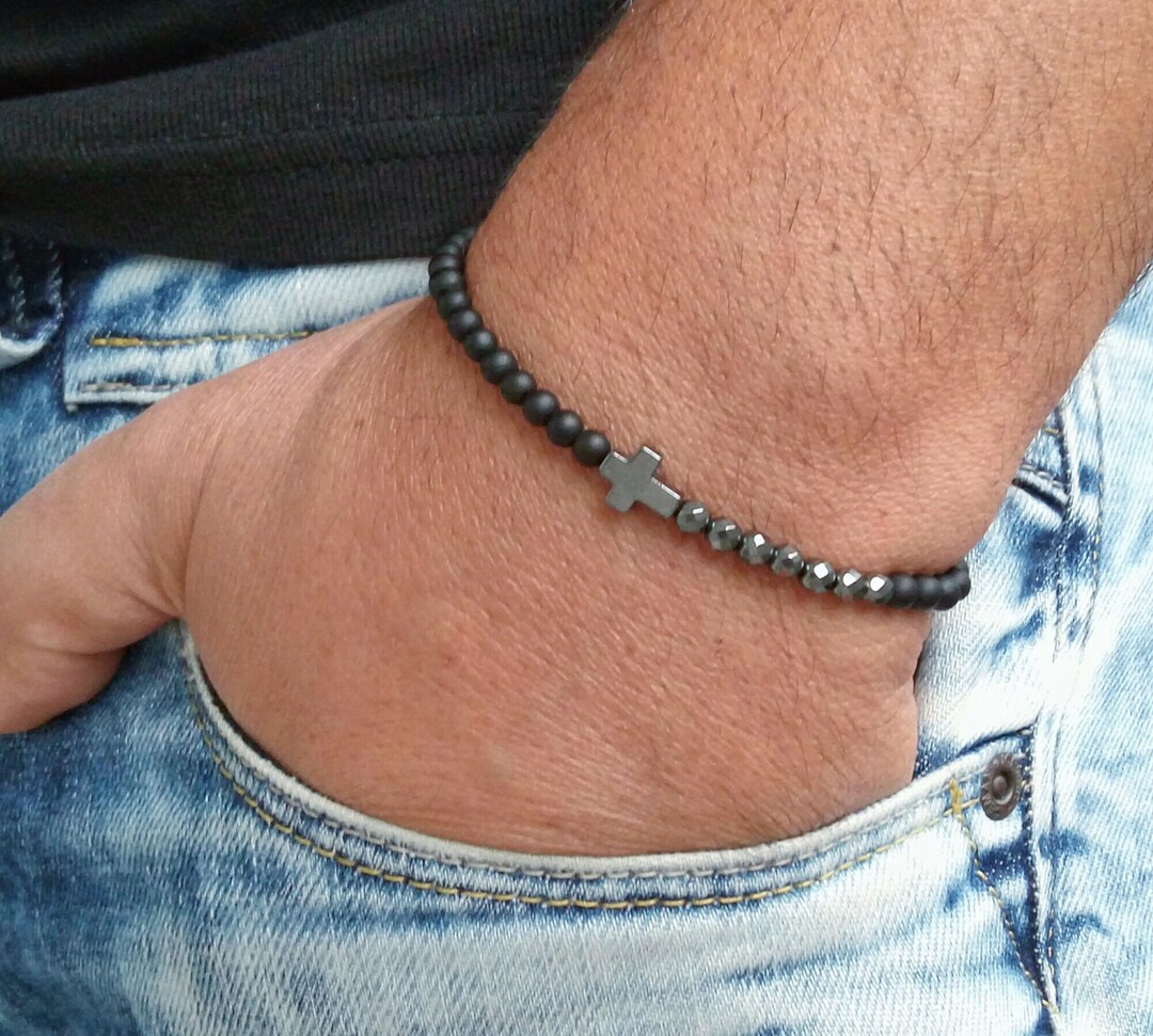 Mens Bracelet Black Onyx Matte Men Bracelete Hematite Beaded Men