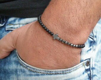 Mens  Bracelet Black Onyx Matte Men Bracelete Hematite Beaded Men Bracelet Mens Beaded Bracelet Cross Mens Bracelets Beaded Men 4mm