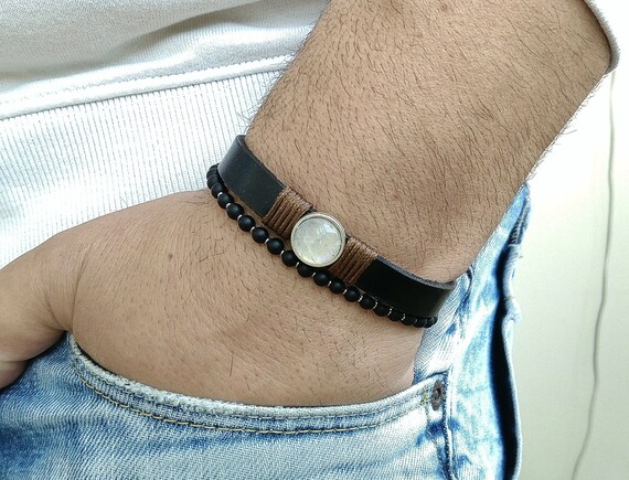 Mens Bracelet Black Onyx Leather With Gemstone Moonstone Bracelet