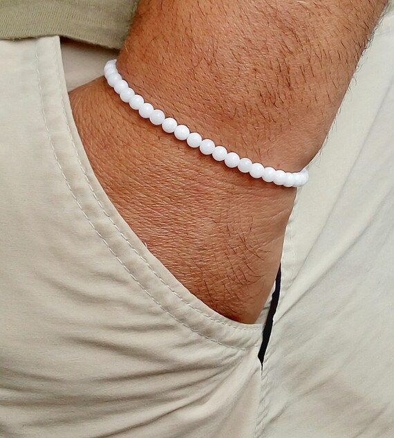 Mens Bracelet White Agate Beaded Men Bracelet Simple Men