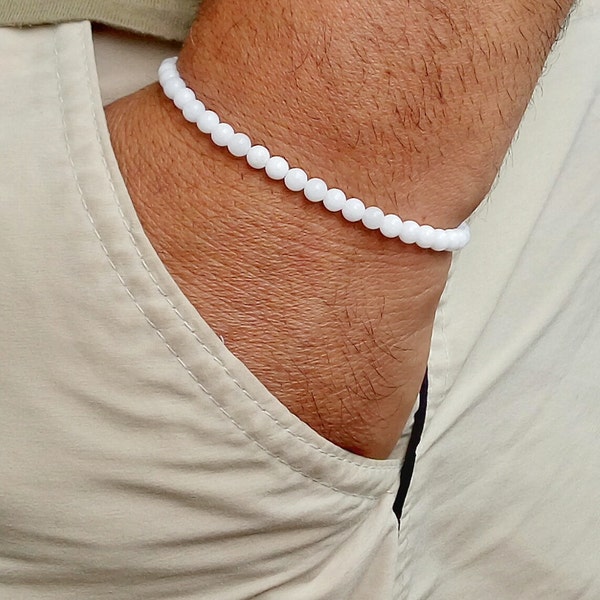 Bracelet pour homme, agate blanche, bracelet homme en perles, bracelet homme simple, bracelet de perles pour homme, bracelets homme, bracelet homme en perles de 4 mm