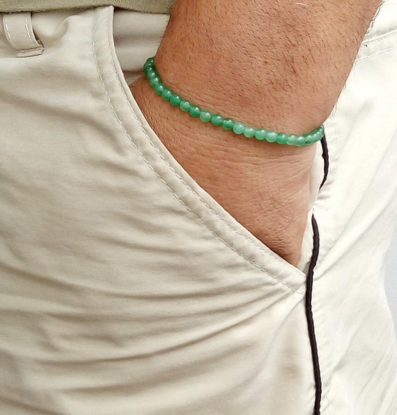 Leather bracelet for men with green Jade and sterling silver beads - JoyElly