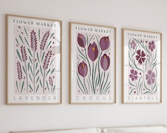 Set of 3 Flower Market Prints, 3 Piece Mauve Wall Art, Botanical Art Prints & Posters, Vintage Retro Floral Gallery Wall Art Purple
