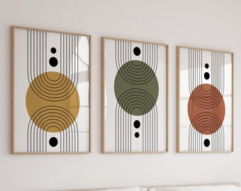 Set of 3 Boho Wall Art in Earth Tones, Mid Century Prints & Posters, 3 Piece Wall Art, Living Room Triptych, Mustard Green Orange Artwork